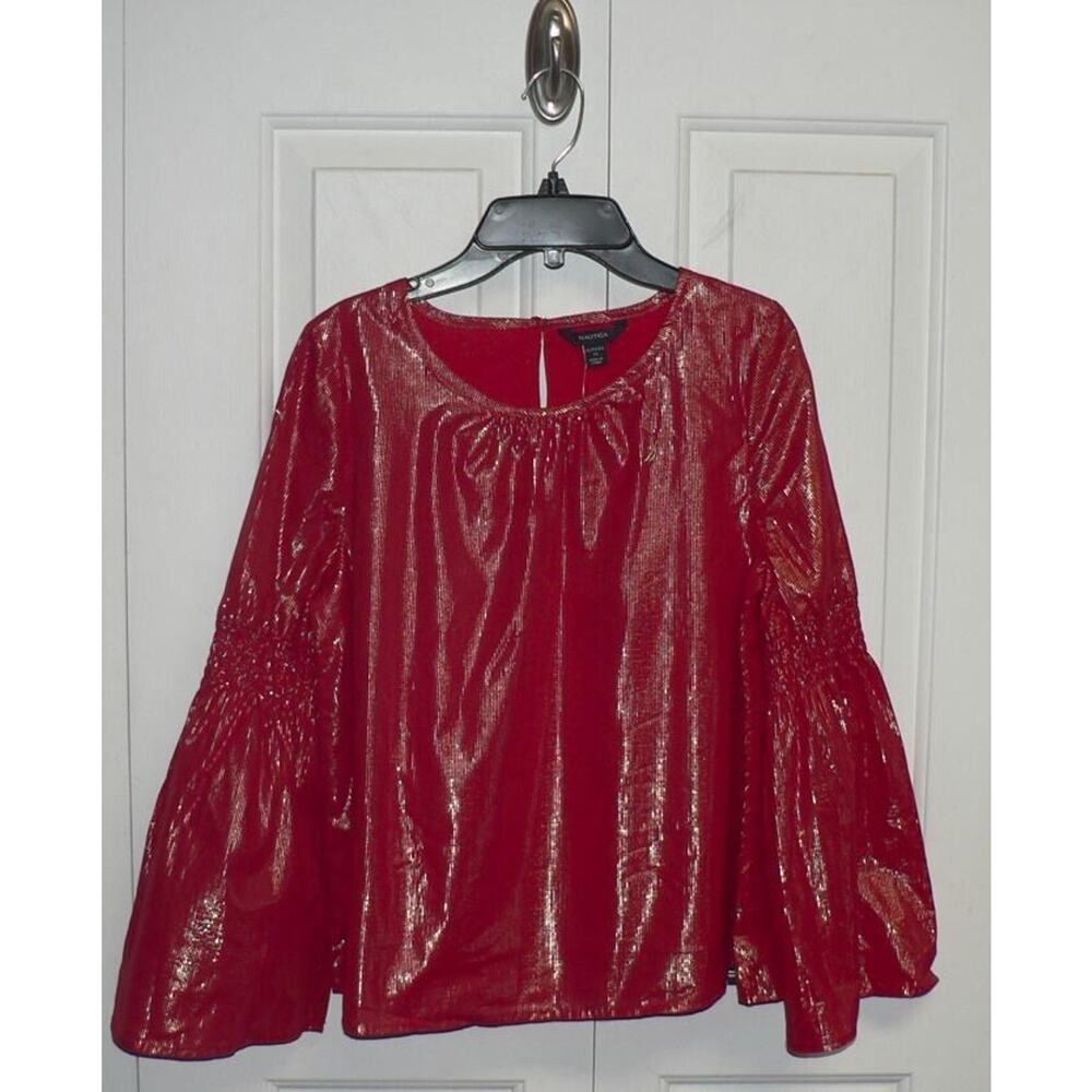 Nautica Girls Smocked Bell‎ Sleeve Blouse Cherry Red Gold Metallic Stripe XL $40